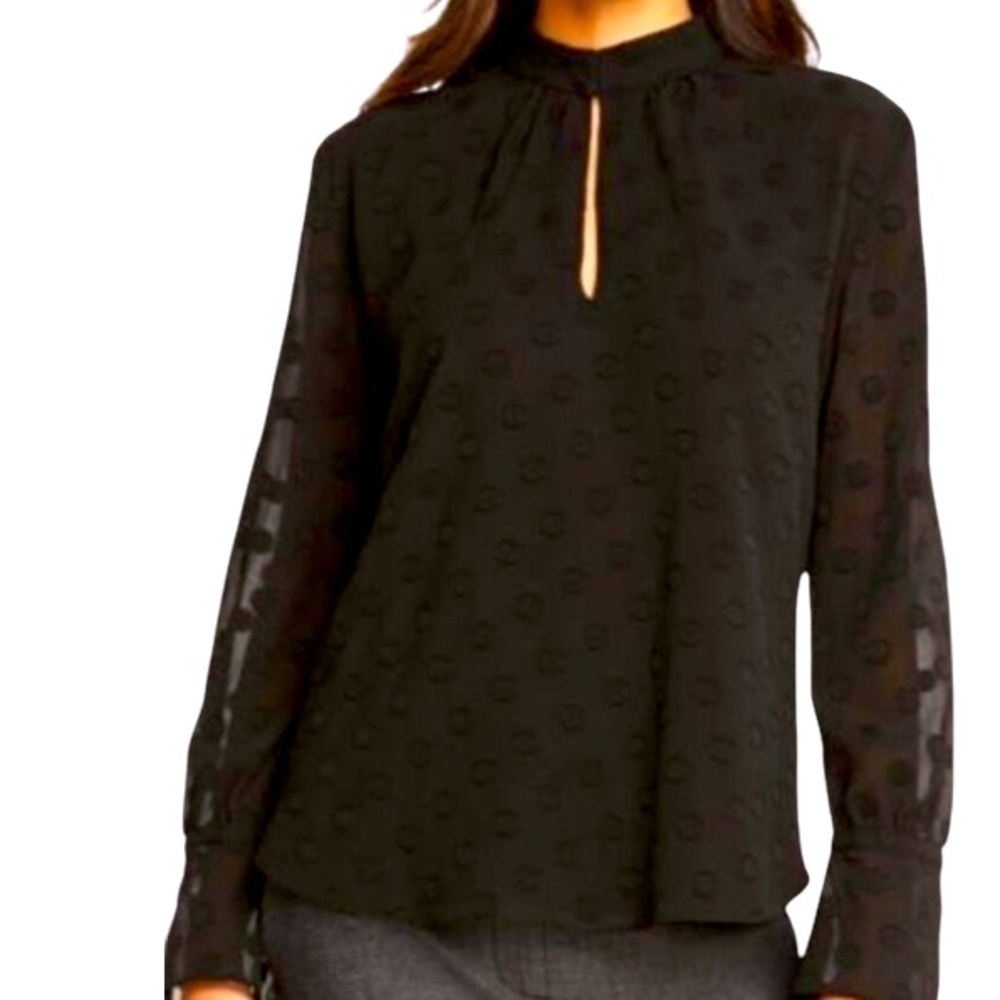 Jacquard Clip Dot black blouse Ann Taylor Factory polka dot pattern V-neck
C